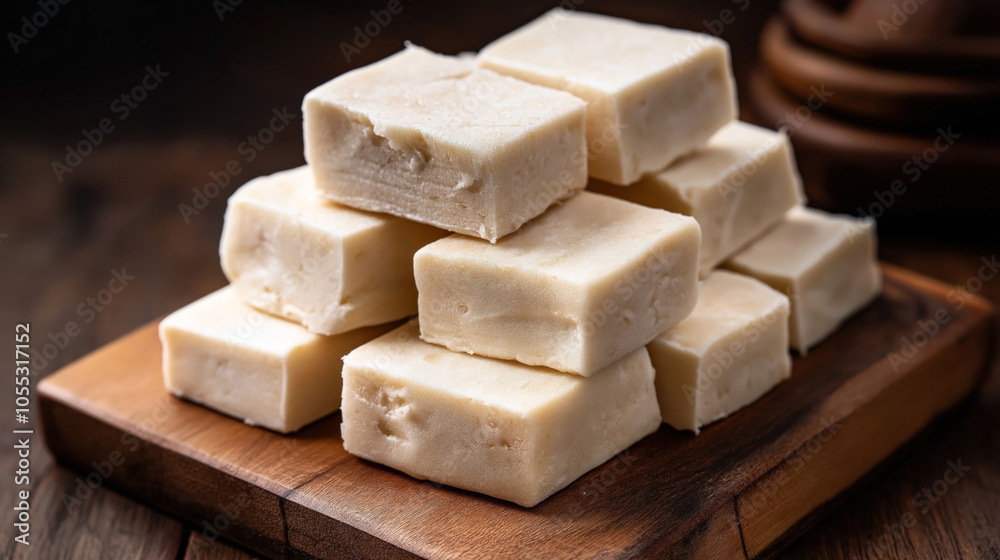 Close-up of stacked white fudge cubes on a wooden cutting board with a wooden background, showcasing creamy texture and rich appearance. Close-up of stacked white fudge cubes on a wooden cutting board with a wooden background, showcasing creamy texture and rich appearance.