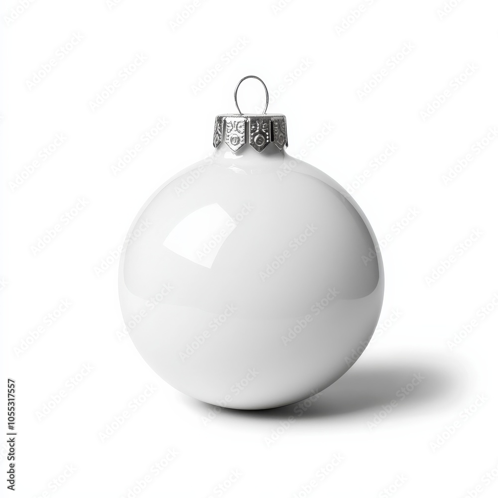 A glossy white Christmas ornament is displayed against a plain background, representing holiday decor and seasonal cheer in a classic, minimalist style.