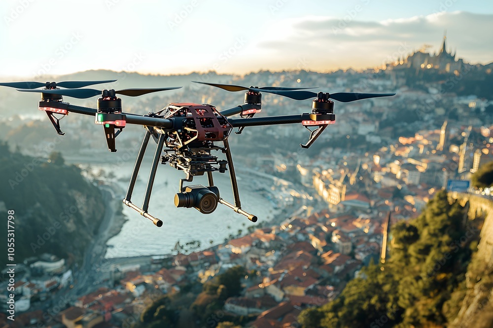 Drone capturing aerial view of city landscape at sunset Drone capturing aerial view of city landscape at sunset