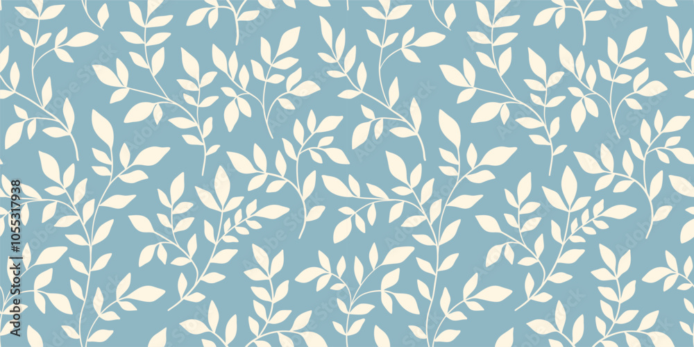 Seamless botanical pattern, abstract ornament of simple hand drawn silhouettes of plants. Floral print, small white branches, tiny leaves, foliage on blue background. Vector illustration in two colors
