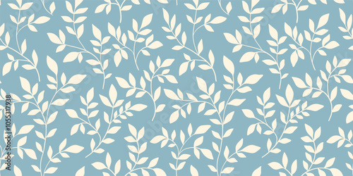 Seamless botanical pattern, abstract ornament of simple hand drawn silhouettes of plants. Floral print, small white branches, tiny leaves, foliage on blue background. Vector illustration in two colors