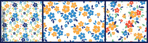 Seamless floral pattern, liberty ditsy print, abstract ornament in folk motif. Simple botanical design: small hand drawn flowers, blue daisies, tiny leaves, bouquets on white. Vector illustration.