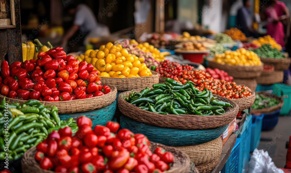 Obraz premium vibrant display of fresh produce at an outdoor market, showcasing bounty of colorful vegetables
