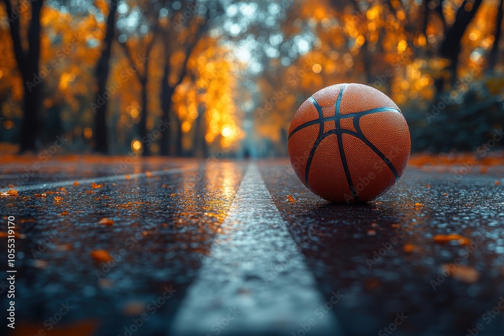 A basketball sits on a wet court surrounded by colorful autumn trees during twilight hours A basketball sits on a wet court surrounded by colorful autumn trees during twilight hours
