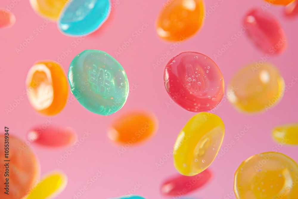 Round colorful Jelly falling in the air on pink background , created by ai Round colorful Jelly falling in the air on pink background , created by ai