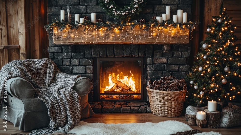 A cozy living room with a fireplace, a chair, and a Christmas tree A cozy living room with a fireplace, a chair, and a Christmas tree