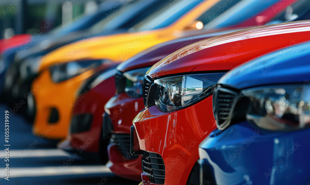 row of cars in parking lot, showing front headlights and grills, with cars in various bright colors, giving feeling of excitement and fun row of cars in parking lot, showing front headlights and grills, with cars in various bright colors, giving feeling of excitement and fun