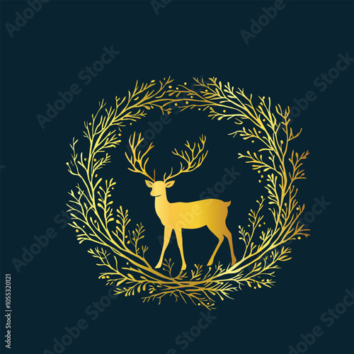 Hand drawn botanical floral wreath from twigs branches with reindeer inside. Christmas wreath gold on navy background. Vintage retro style