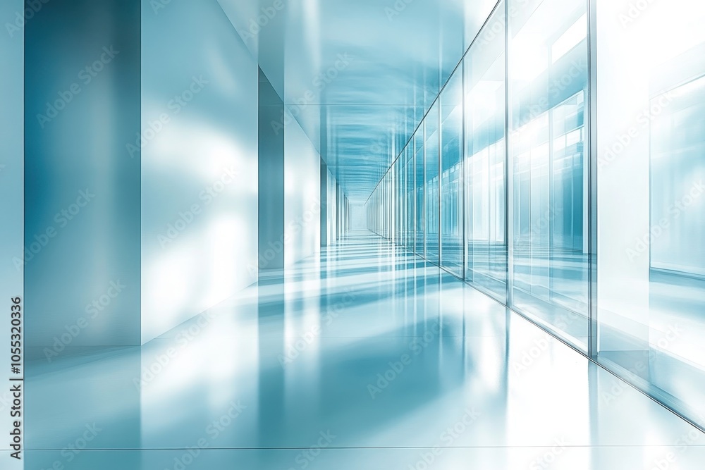 Modern hallway with glass walls and a reflective floor in an abstract architectural design Modern hallway with glass walls and a reflective floor in an abstract architectural design