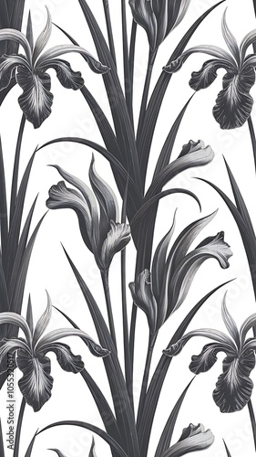 Vector Iris floral botanical flowers. Wild spring leaf wildflower isolated. Black and white engraved ink art. Seamless background pattern. Fabric wallpaper print texture.