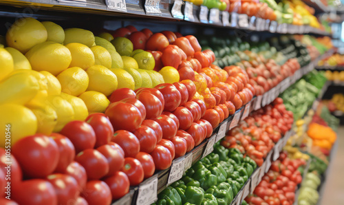 colorful display of fresh produce in grocery store, showcasing abundance and variety of fruits and vegetables