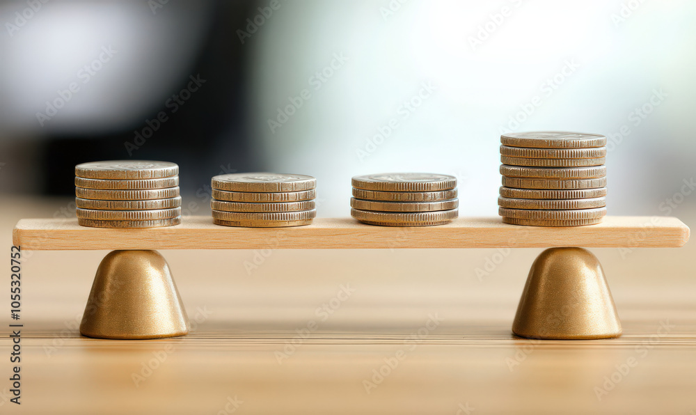 wooden seesaw with four stacks of coins, showing concept of balance and investment wooden seesaw with four stacks of coins, showing concept of balance and investment