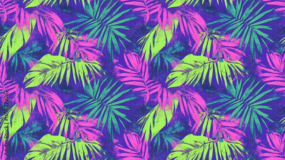 Neon Palm Leaves Seamless Pattern on Purple Background Neon Palm Leaves Seamless Pattern on Purple Background