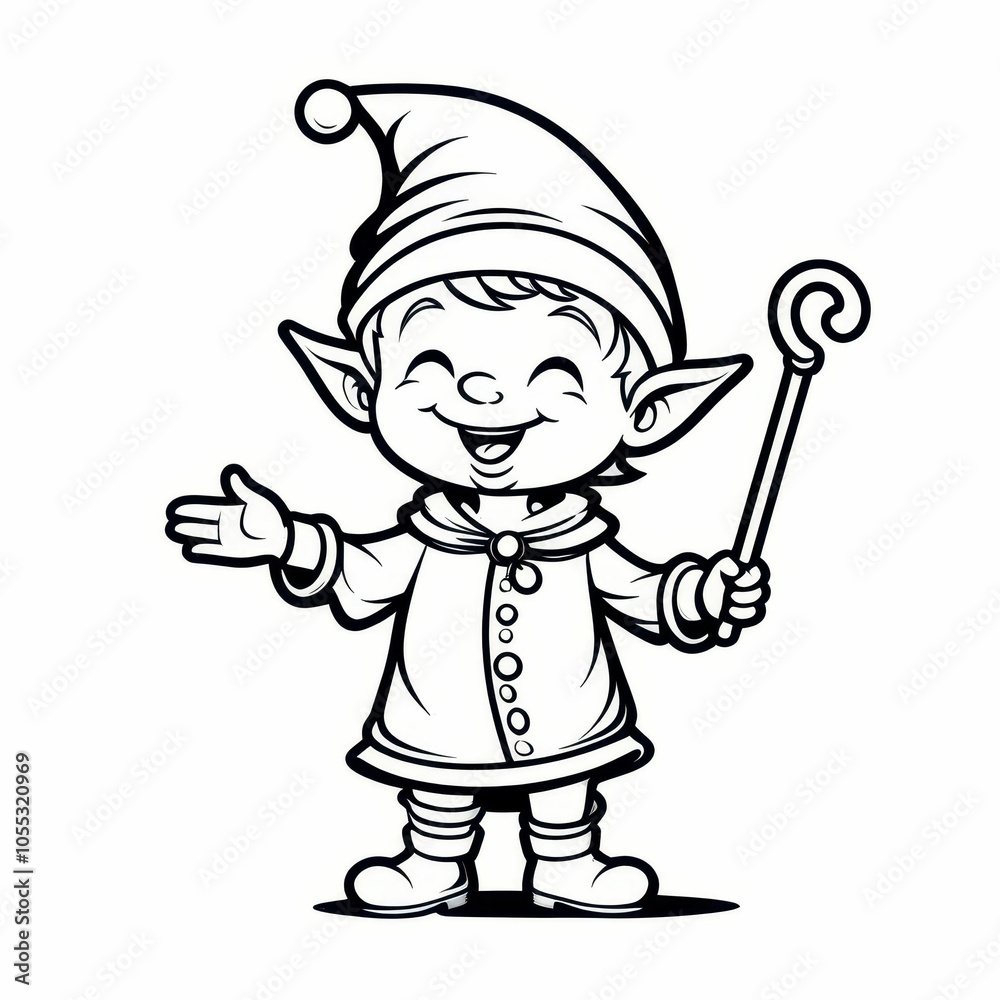 Cute Christmas Elf, coloring book. Black and white illustrations. Cute Christmas Elf, coloring book. Black and white illustrations.