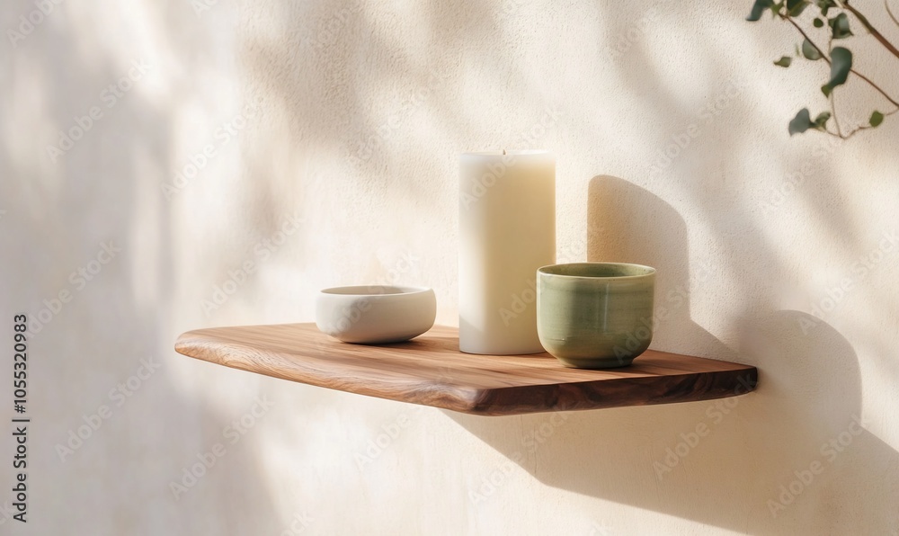 Wooden shelf with a white candle, a small white bowl and a green ceramic cup. Wooden shelf with a white candle, a small white bowl and a green ceramic cup.