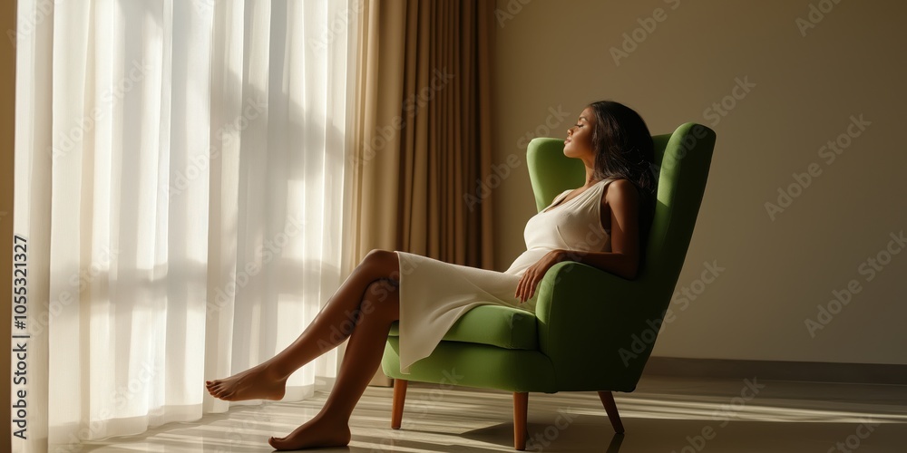 A South American woman in a dress sits in a bright tall green armchair in a room A South American woman in a dress sits in a bright tall green armchair in a room