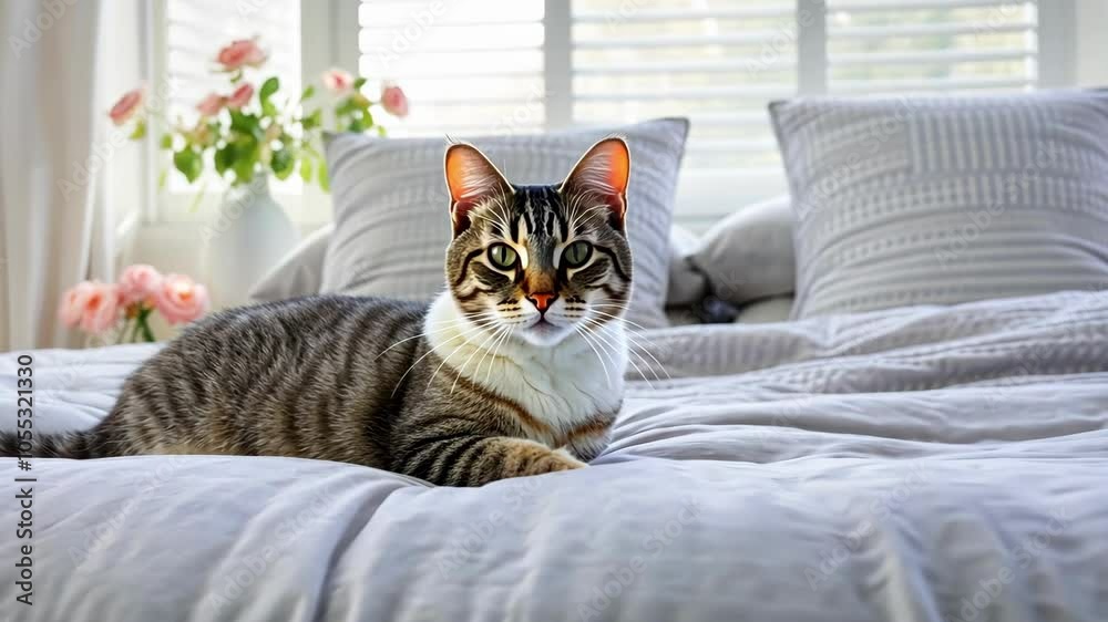 cat is lying on a white bed in a modern bedroom. cat is lying on a white bed in a modern bedroom.