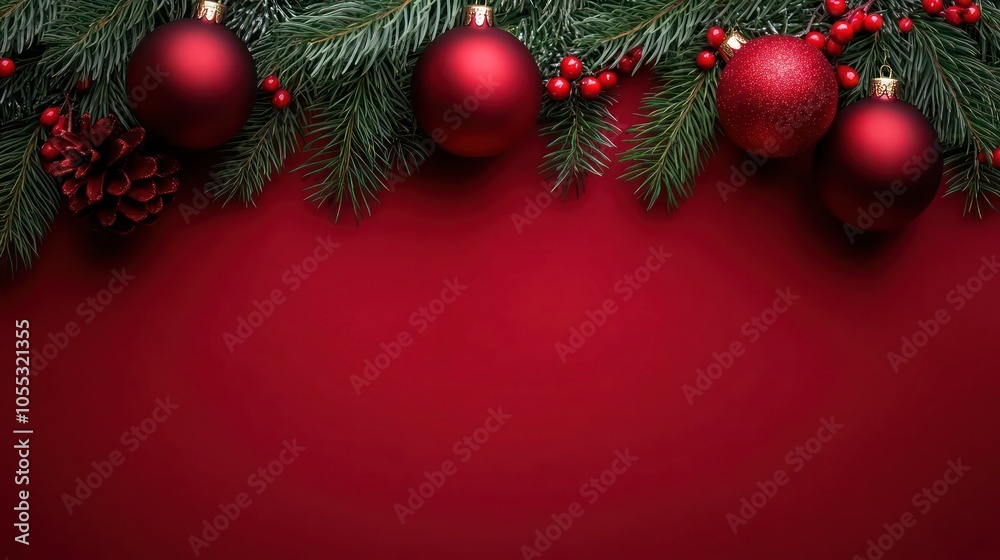 Christmas banner fir twigs with red ball decoration on bright red background Christmas banner fir twigs with red ball decoration on bright red background