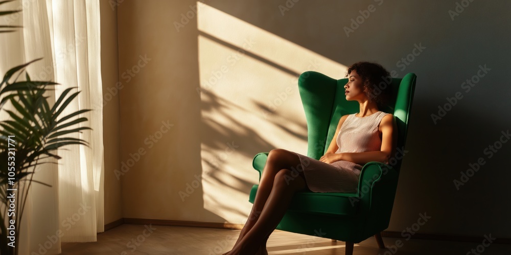 A South American woman in a dress sits in a bright tall green armchair in a room A South American woman in a dress sits in a bright tall green armchair in a room