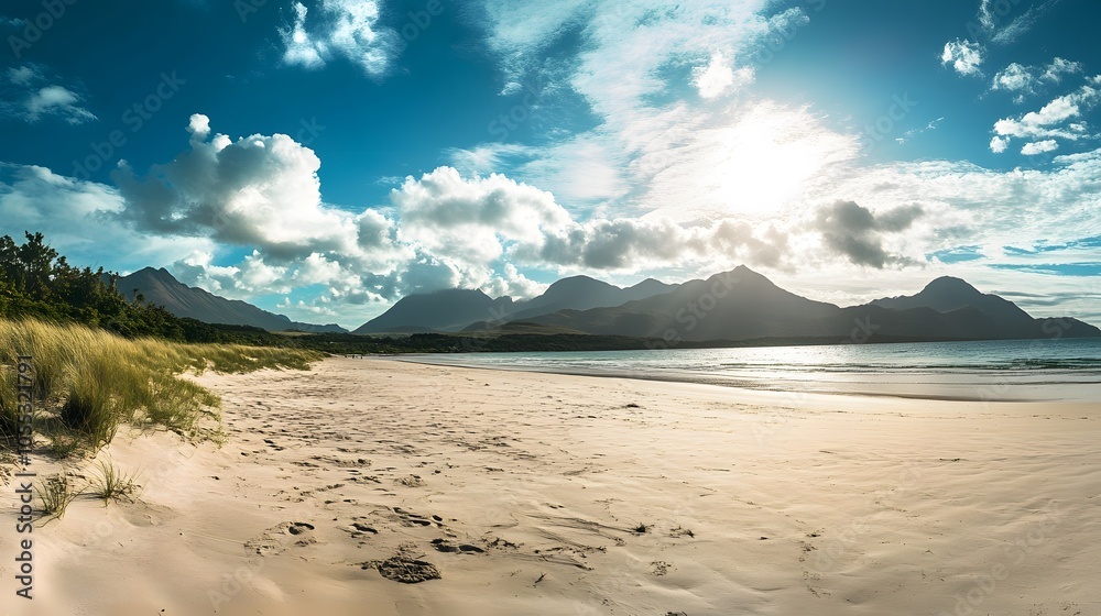 A wide-angle shot of a sandy beach with mountains in the background A wide-angle shot of a sandy beach with mountains in the background