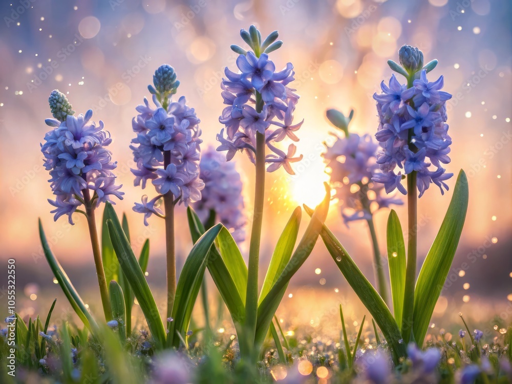Obraz premium Elegant hyacinths sway gently in morning dew, capturing nature’s beauty in long exposure. Soft pastel hues create a serene garden scene filled with tranquility.