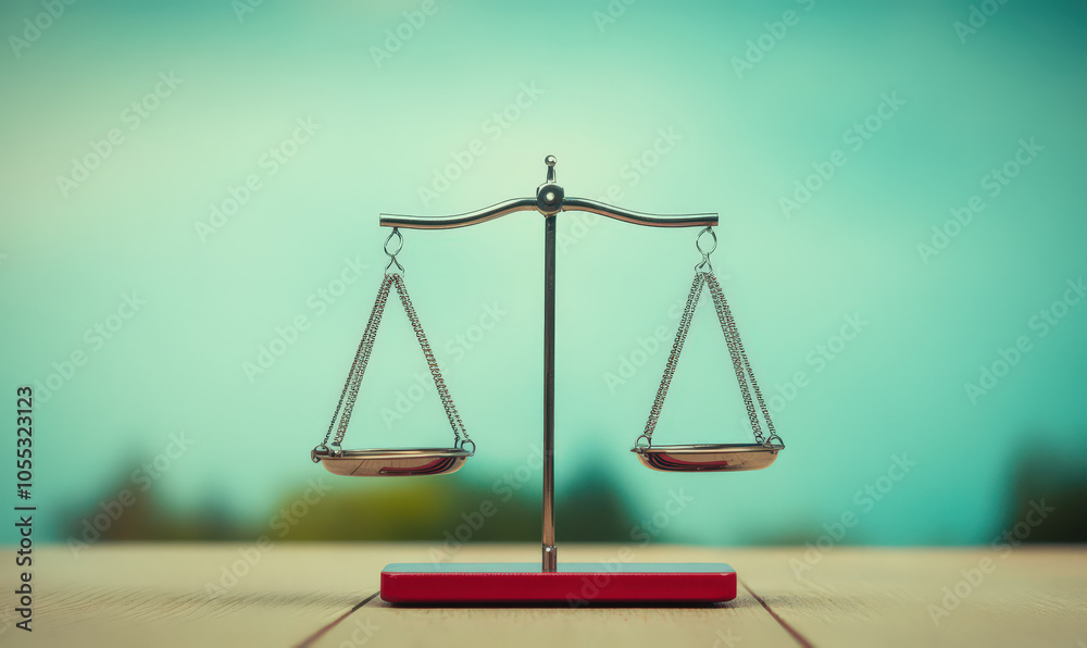 silver scale of justice on wooden table with blurred green background silver scale of justice on wooden table with blurred green background