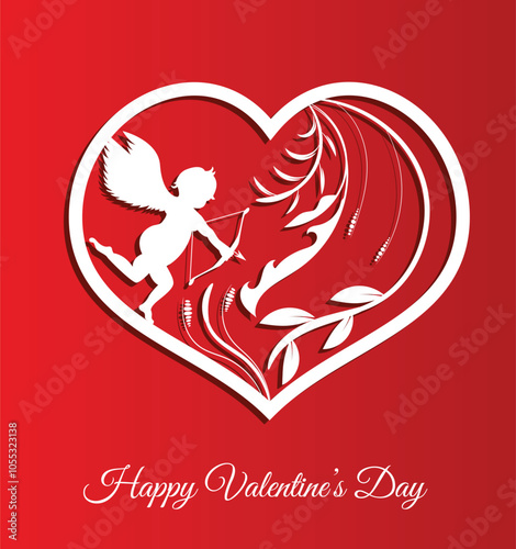 Heart with Ornament and a Cupid on Red. International winter holiday of friends and lovers celebration vector art