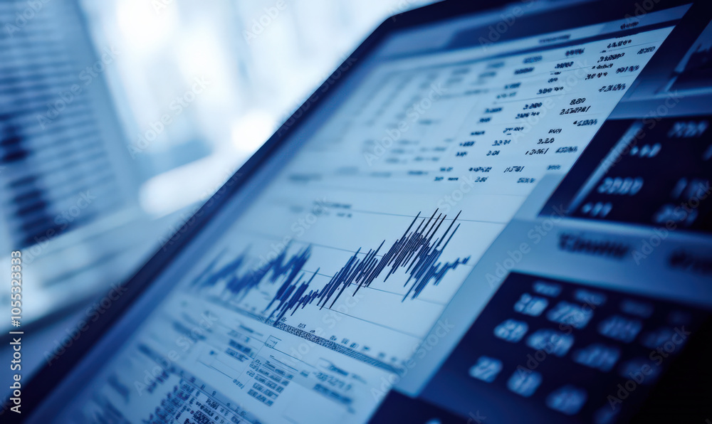 Obraz premium close up shot of computer screen displaying financial chart, demonstrating growth and progress