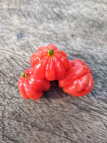 Tropical fruit. The Brazilian cherry or Pitanga also know as Eugenia uniflora, ripening on the pitangueira tree. Red fruit. photo