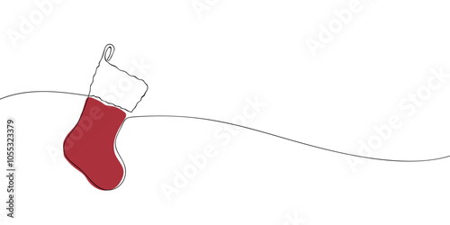A single line drawing of a a Christmas stocking. Continuous line christmas icon in color. One line icon. Vector illustration.
