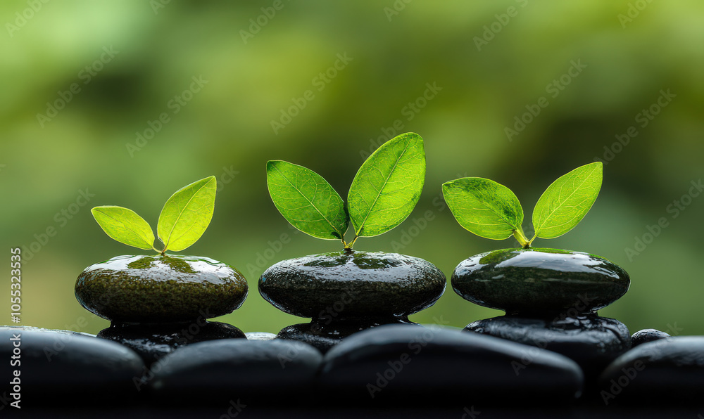 Three green sprouts growing on black stones, symbolizing growth and renewal Three green sprouts growing on black stones, symbolizing growth and renewal