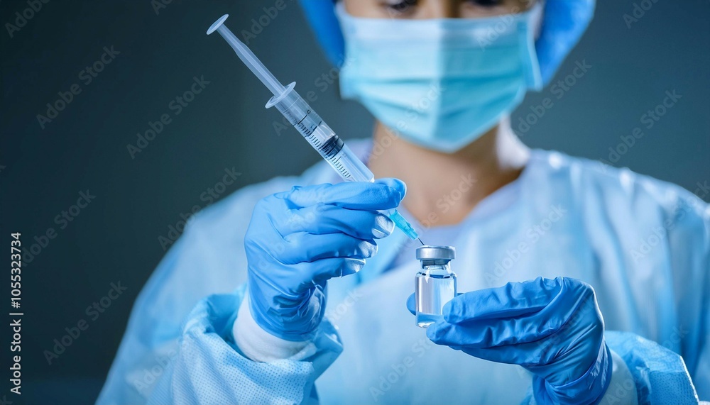 Medical Professional Preparing Vaccine In Laboratory Setting During Daytime With Safety Gear And Equipment Medical Professional Preparing Vaccine In Laboratory Setting During Daytime With Safety Gear And Equipment