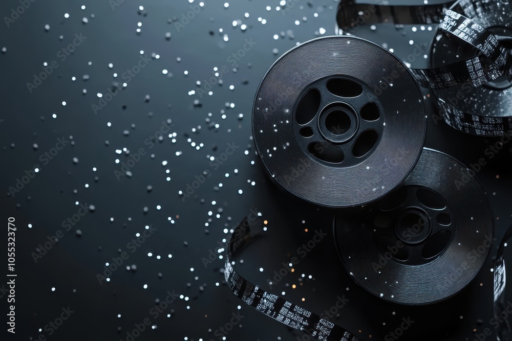 Film reels and glitter scattered on a dark surface during a celebration or movie night gathering Film reels and glitter scattered on a dark surface during a celebration or movie night gathering