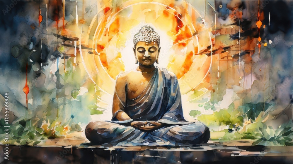 A serene watercolor depiction of a meditating Buddha, radiating peace and tranquility, surrounded by lush greenery and vibrant colors, perfect for spiritual themes A serene watercolor depiction of a meditating Buddha, radiating peace and tranquility, surrounded by lush greenery and vibrant colors, perfect for spiritual themes