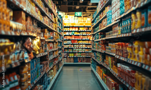 Aisle in grocery store with colorful rows of food products