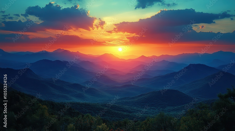 Majestic mountain silhouettes framed by a vibrant sunset sky, evoking tranquility and the beauty of nature's transitions Majestic mountain silhouettes framed by a vibrant sunset sky, evoking tranquility and the beauty of nature's transitions
