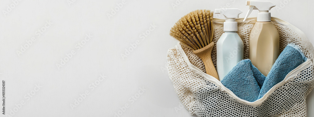 mesh bag with cleaning supplies, such as sponges and spray bottles on white background. eco-friendly practices, sustainable home care. banner mesh bag with cleaning supplies, such as sponges and spray bottles on white background. eco-friendly practices, sustainable home care. banner