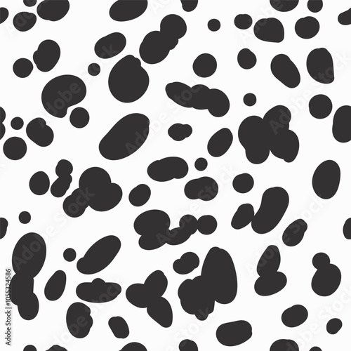 Dalmatian spot seamless pattern. Cow skin background. Abstract farm animal vector print. Black and white doted wallpaper