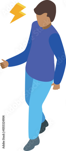 Isometric young man walking with lightning bolt symbol above his head, representing energy, power, or a sudden idea
