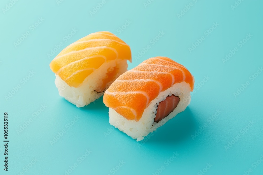 Delicious sushi with slices of yellowtail and salmon on a vibrant turquoise background Delicious sushi with slices of yellowtail and salmon on a vibrant turquoise background