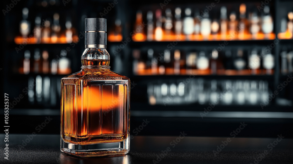 Close-up of a whiskey bottle on a bar counter with blurred shelves of liquor bottles in the background. Close-up of a whiskey bottle on a bar counter with blurred shelves of liquor bottles in the background.