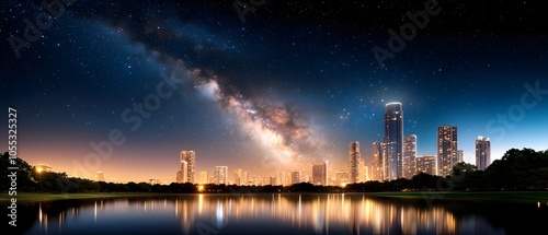 Majestic Milky Way Galaxy Stretching Across the Night Sky Above a Captivating City Skyline with the Urban Lights Below Creating a Breathtaking Contrast with the Infinite Stars Above