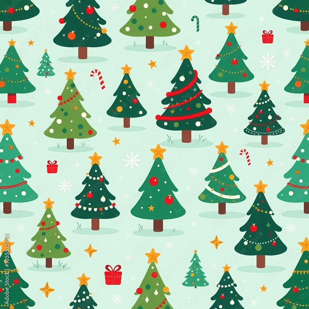 festive seamless pattern of Christmas trees decorated with colorful baubles stars garlands against light blue background. wrapping paper design, fabric print, gift tags and labels, wallpaper concept. festive seamless pattern of Christmas trees decorated with colorful baubles stars garlands against light blue background. wrapping paper design, fabric print, gift tags and labels, wallpaper concept.