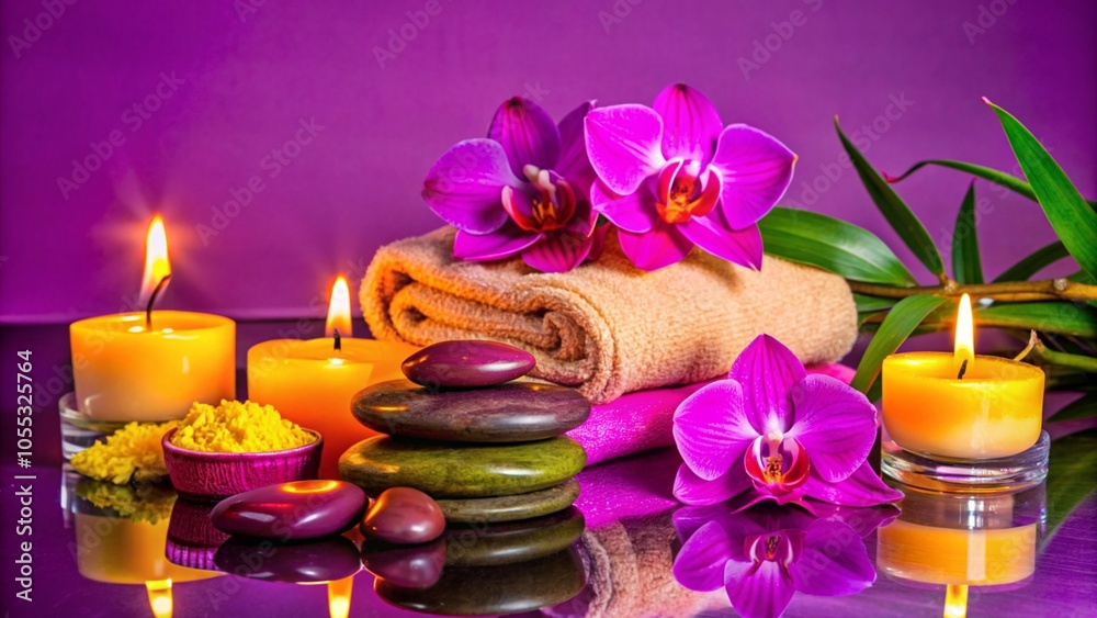 SPA concept with basalt stones, candles, towels, and orchids on a colored background.