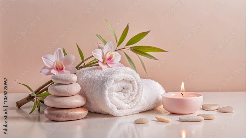 SPA concept with basalt stones, candles, towels, and flowers in pastel colors.
