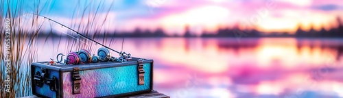 Fishing tackle box by a serene lake during a colorful sunset, reflecting vibrant hues in the water and sky. photo