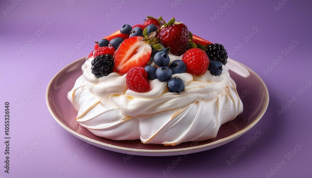Delicate Pavlova Meringue Dessert Topped with Fresh Strawberries, Blueberries, and Raspberries on Rustic Plate. Perfect for Summer Menus, Elegant Events, and Food Photography Concepts Delicate Pavlova Meringue Dessert Topped with Fresh Strawberries, Blueberries, and Raspberries on Rustic Plate. Perfect for Summer Menus, Elegant Events, and Food Photography Concepts