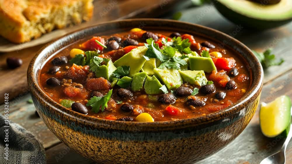 A bowl of chili topped with avocado and cilantro sits on a wooden table A bowl of chili topped with avocado and cilantro sits on a wooden table