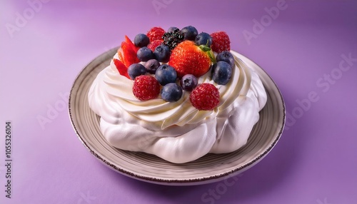 Delicate Pavlova Meringue Dessert Topped with Fresh Strawberries, Blueberries, and Raspberries on Rustic Plate. Perfect for Summer Menus, Elegant Events, and Food Photography Concepts