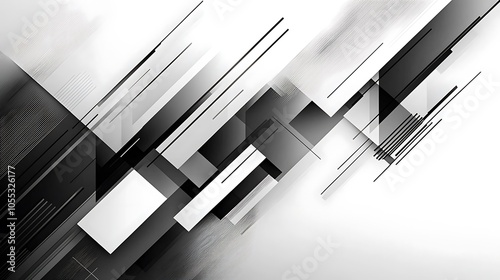 Abstract background with black and white geometric shapes and lines in a dynamic composition.